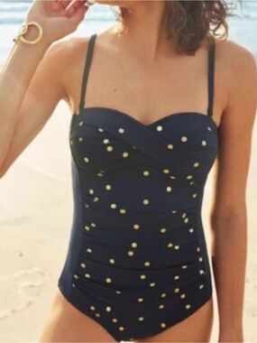Boden Amalfi Bandeau One Piece Navy Gold Polka Dot Swimsuit Convertible US 6